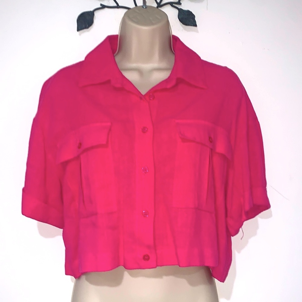 Pink Linen Short Sleeve Button Down Crop Top